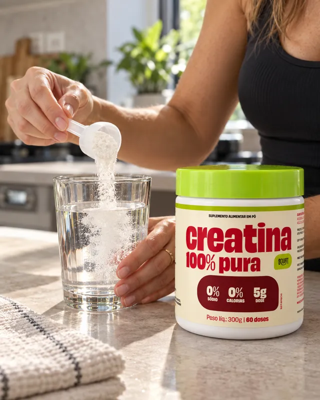 Dosador de creatina pura sendo misturado em um copo de água