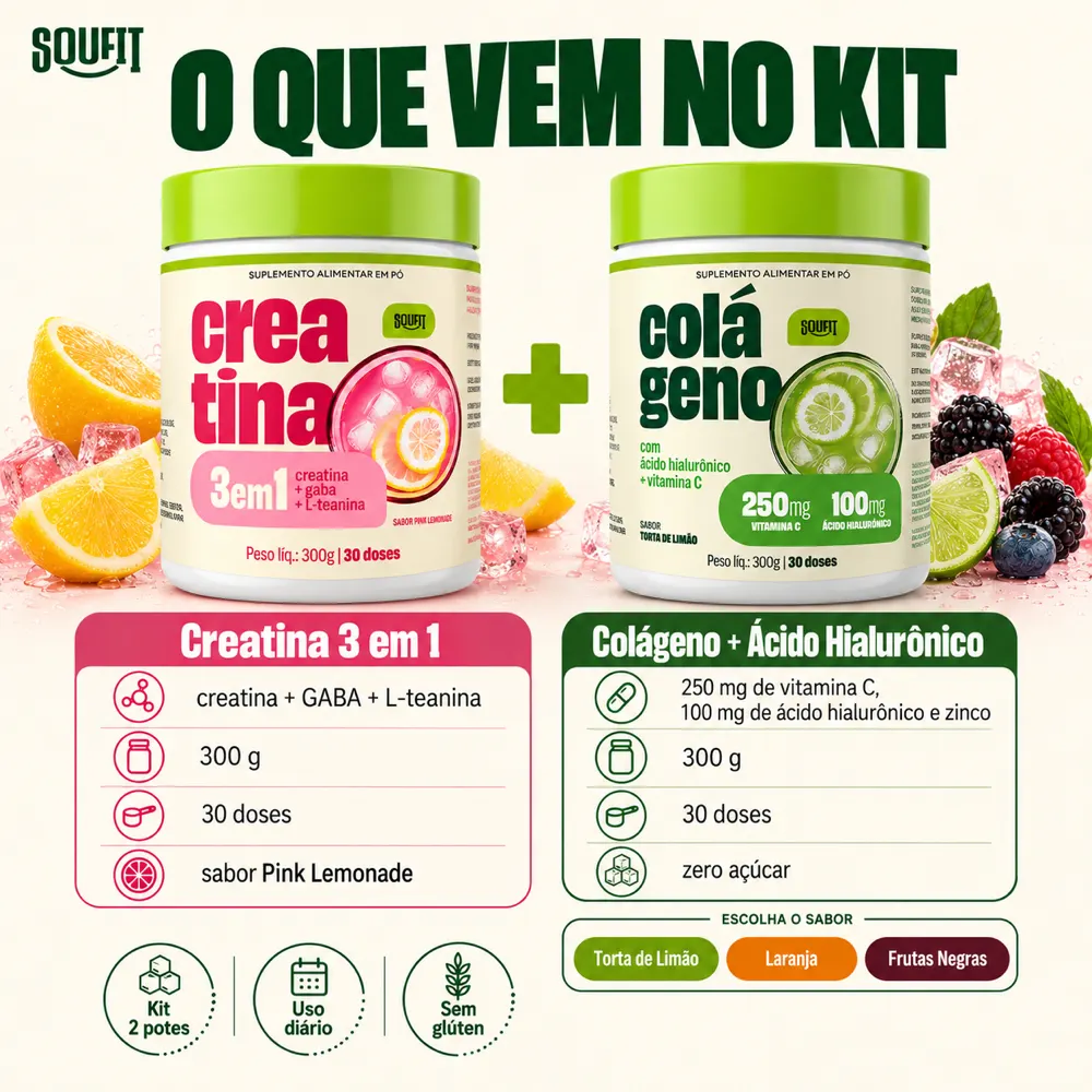 Kit Creatina 3 em 1 + Colágeno com Ácido Hialurônico