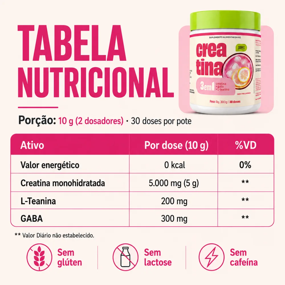 Creatina 3 em 1 - 300g (30 Dias) com Gaba e L-teanina sabor Pink Lemonade