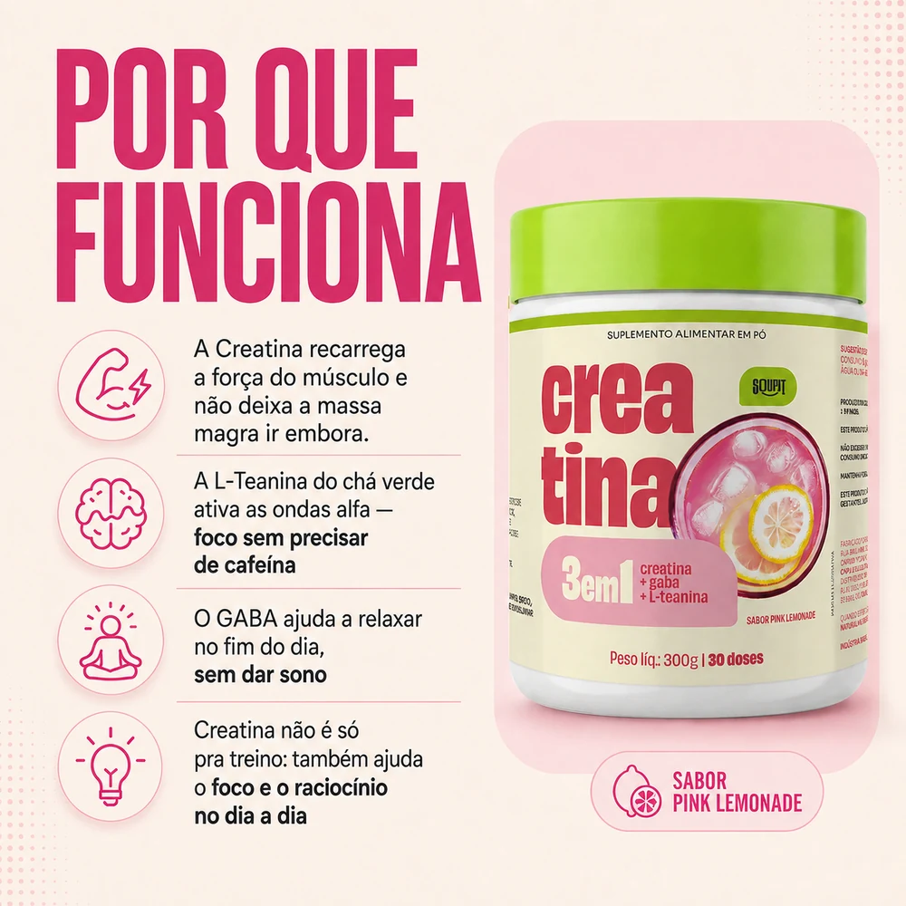 Creatina 3 em 1 - 300g (30 Dias) com Gaba e L-teanina sabor Pink Lemonade