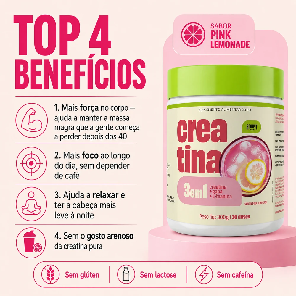 Creatina 3 em 1 - 300g (30 Dias) com Gaba e L-teanina sabor Pink Lemonade